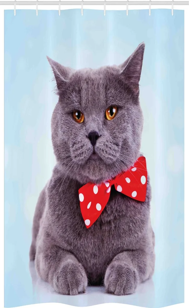 ABAKUHAUS Tenda da doccia stretta con gatto, tema Scottish Fold grigio, set decorativo per bagno in tessuto con ganci, 120 x 180 cm, azzurro lilla blu