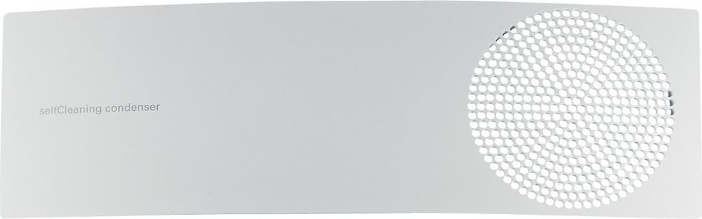 A white appliance part with a circular perforated grille on the right side.