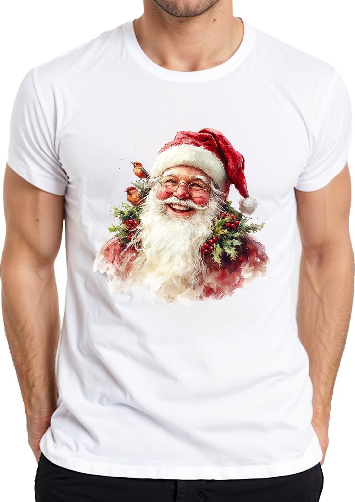 Weihnachtsmann Aquarell Vintage Stechpalme Rotkehlchen Geschenk Herren T-Shirt, Weiß, 3XL