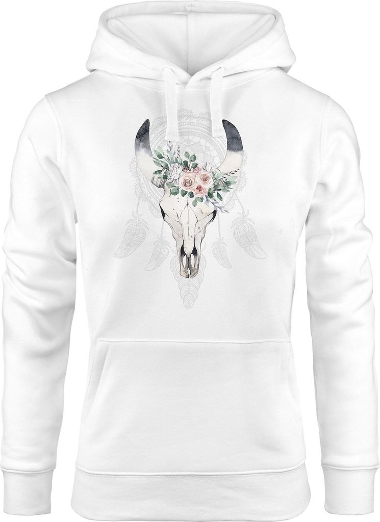 Hoodie Damen Boho Skull Totenkopf Schädel Traumfänger Dreamcatcher Bohamien Kapuzen-Pullover Neverless weiß S