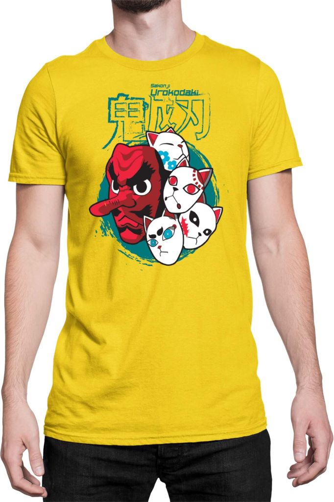 Herren T-Shirt Demon Anime Slayer Kimetsu No Yaiba Mask 002, Man L / Gelb