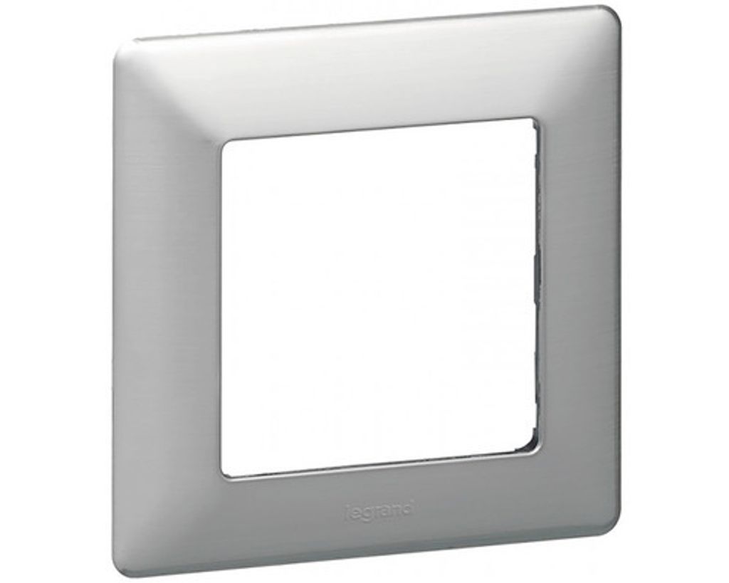 A single silver-colored wall plate with a square opening in the center, shown against a white background.