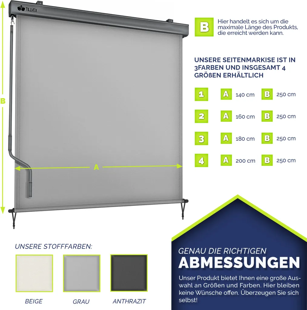 tillvex® Tenda verticale 160x250 cm Grigio per esterni e interni | Tenda a rullo per esterni impermeabile con manovella per balcone, terrazza e giardino | Tenda a rullo per balcone protezione solare in alluminio | Tenda a rullo protezione privacy - 7