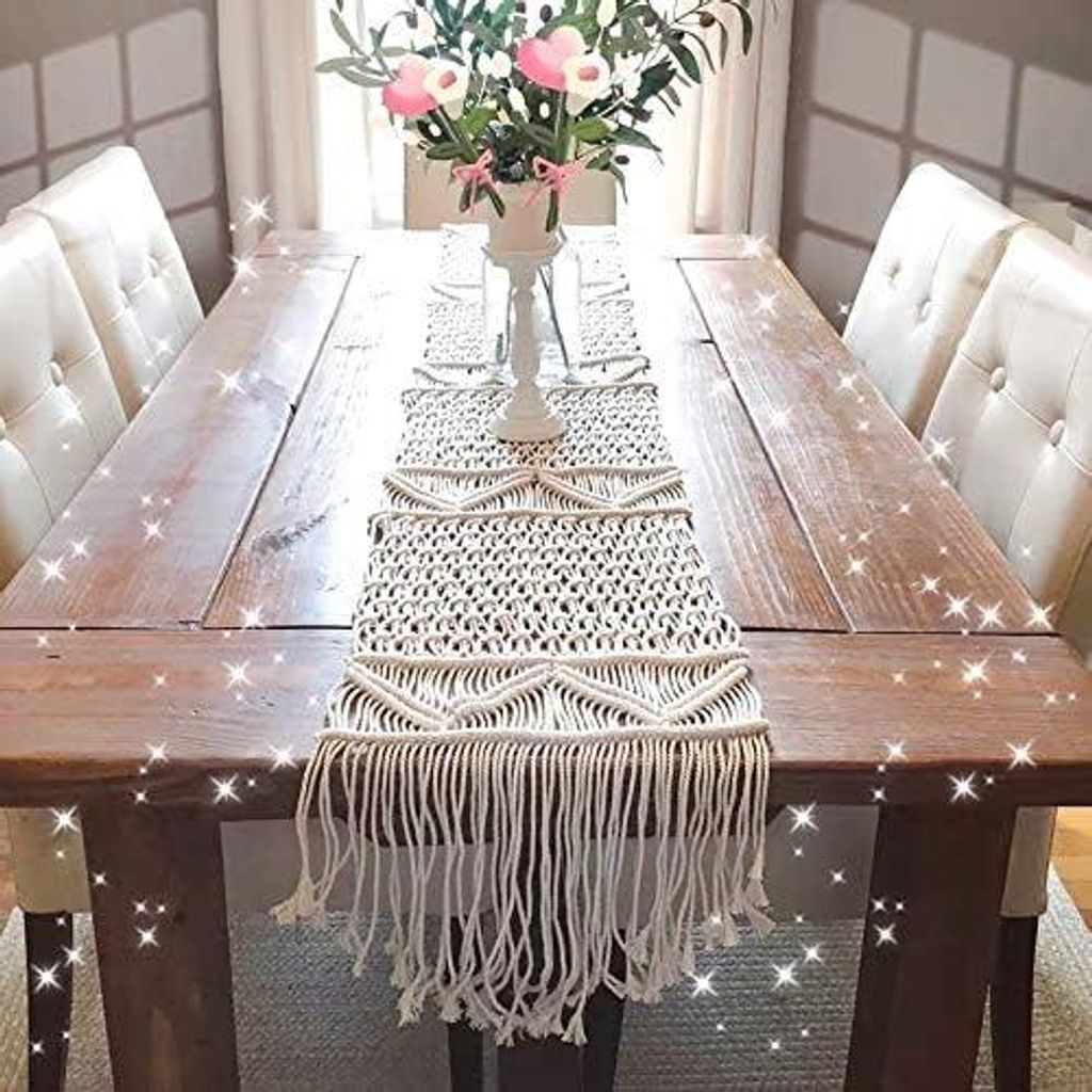 WUWEOT Tischläufer Makramee 32 x 200 cm Macrame mit Langen Quasten Table Runner Bohemia Handgewebt Tischdecke Boho Dekor für Rustikale Hochzeit E...
