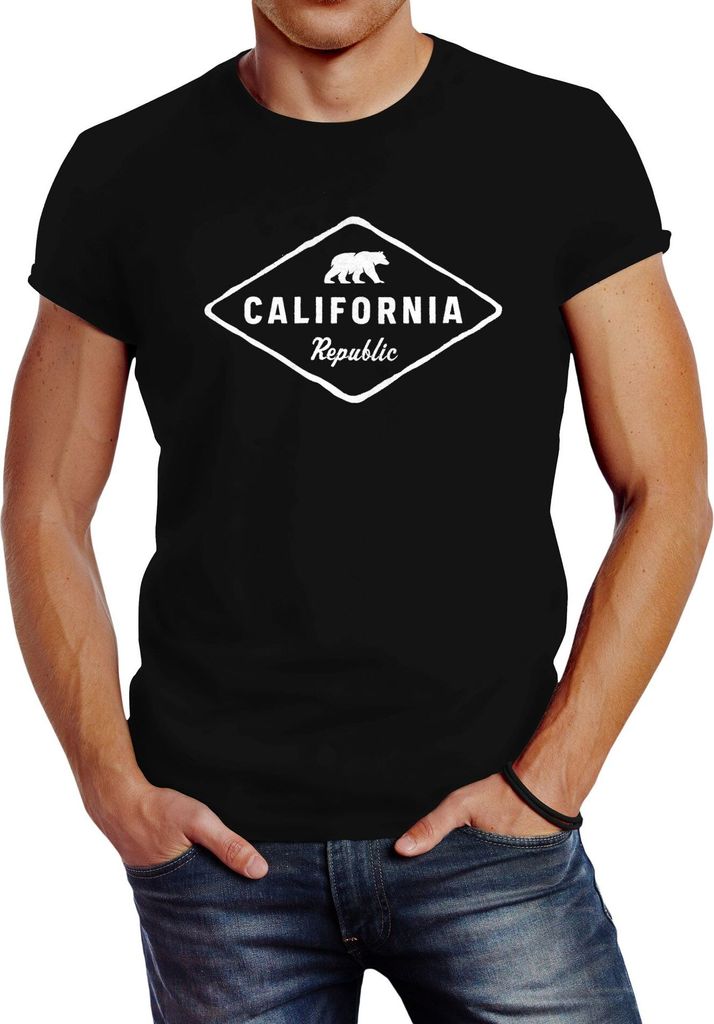 Herren T-Shirt California Republic Bear Badge Bär Sunshine State USA Fashion Streetstyle Neverless schwarz L