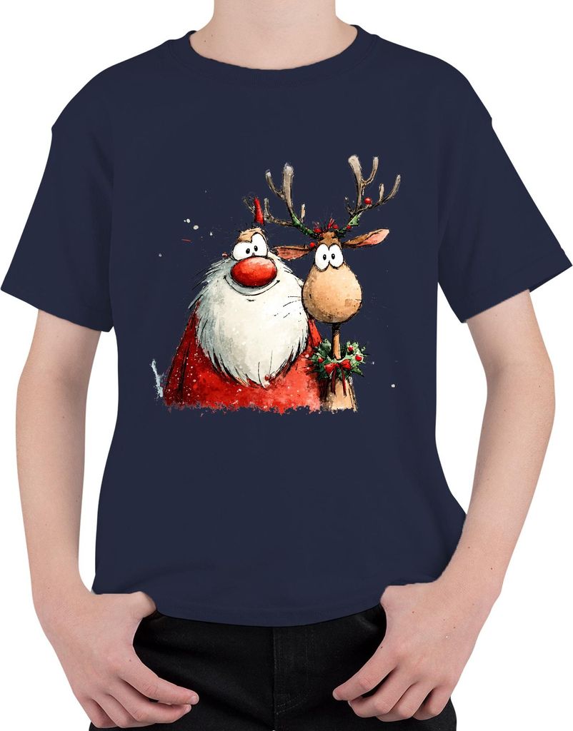 Weihnachtsmann Rentier Cartoon Aquarell lustig Geschenk Retro Uni Kinder T-Shirt, Navy, 140