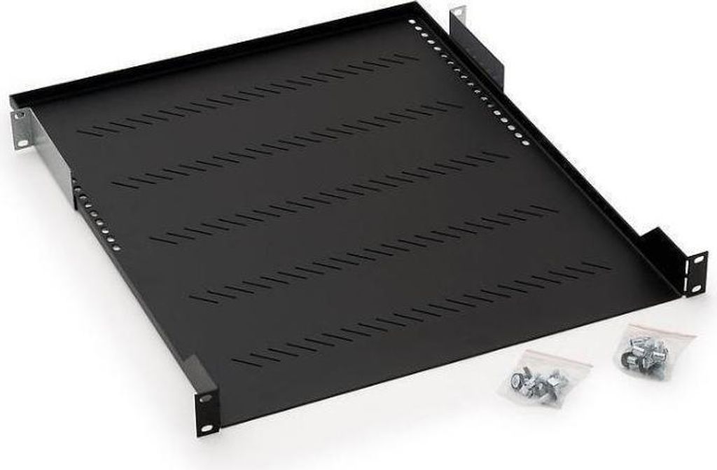 19" Fachboden gelocht 1HE 550mm schwarz, bis 40kg, Rack-Einbau