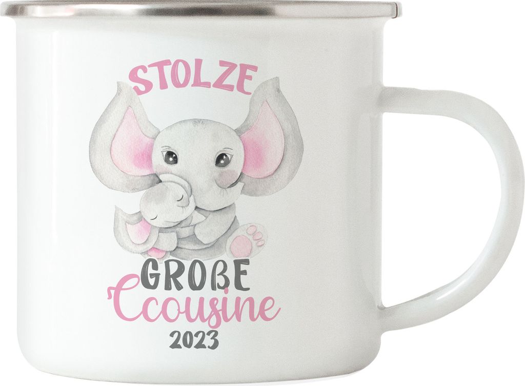 Stolze Große Cousine 2023 Emaille Tasse Family Familienzusammenhalt Geborgenheit Beschützerin Cousinen Liebe Elefanten