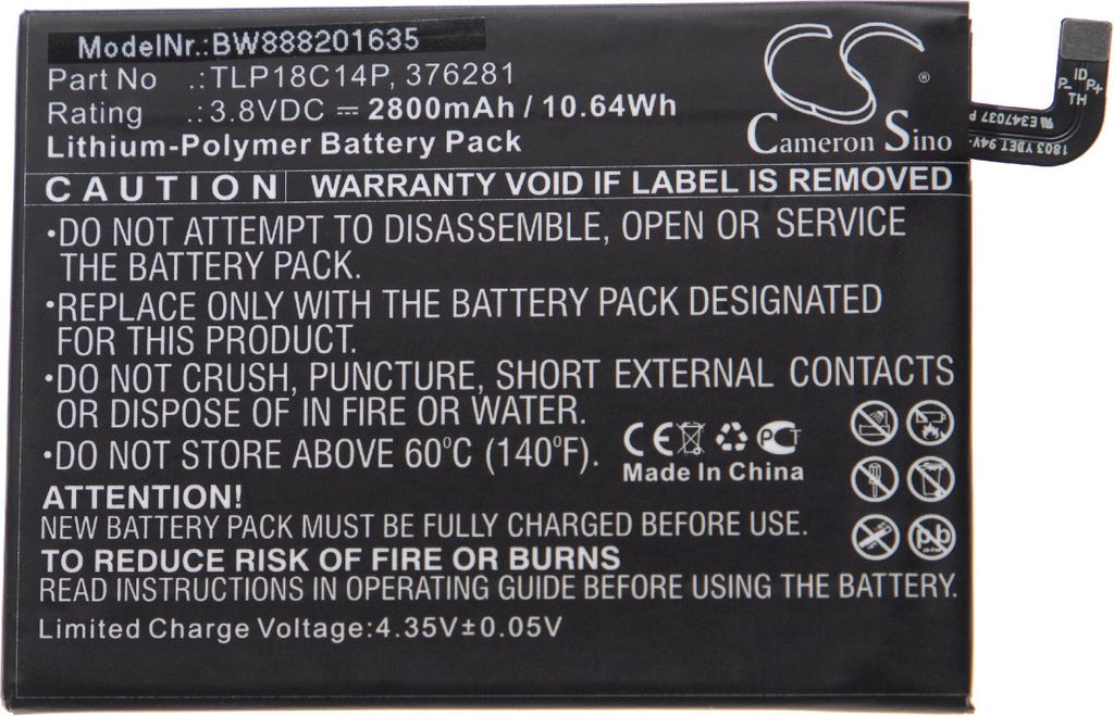 vhbw Akku Ersatz für Wiko 376281, TLP18C14P für Handy Smartphone Telefon (2800 mAh, 3,8 V, Li-Polymer)