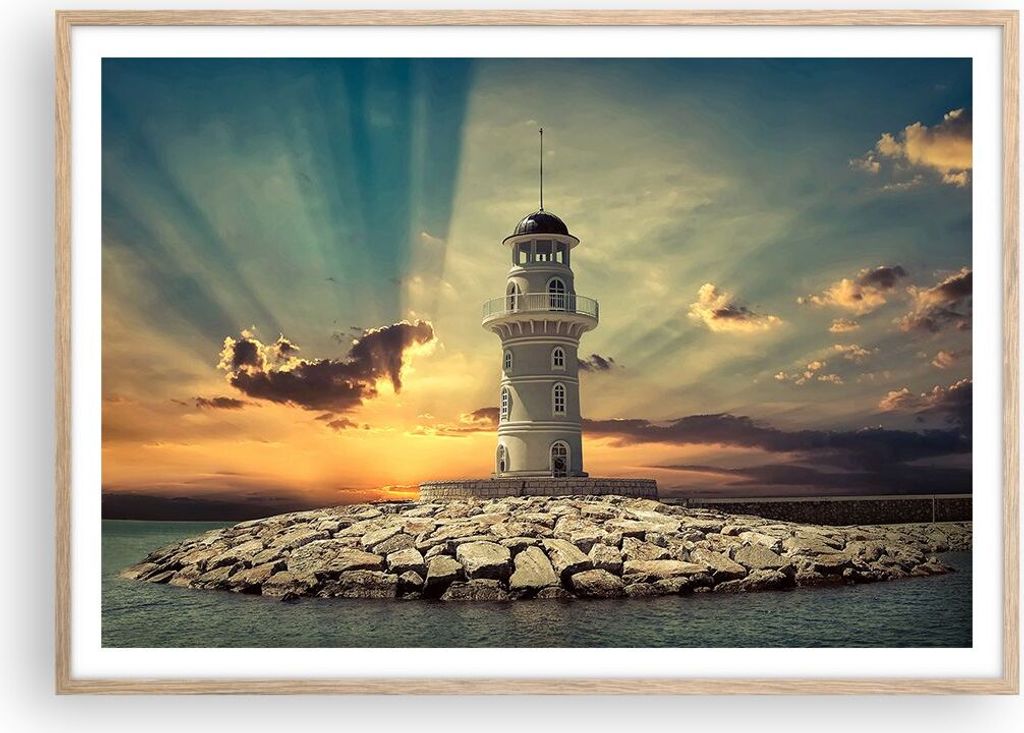 Gerahmtes Poster - Rahmen in heller Eiche - Leuchtturm Wasser Meer Steine - 100x70 cm - Wand Bild - Wanddeko - Wandbilder - Wandposter - Bilderrahm...