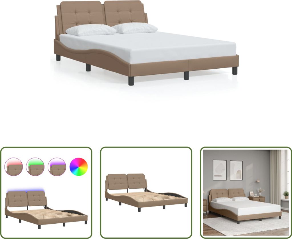 The Living Store Bettgestell mit LED Cappuccino-Braun 140x190 cm Kunstleder