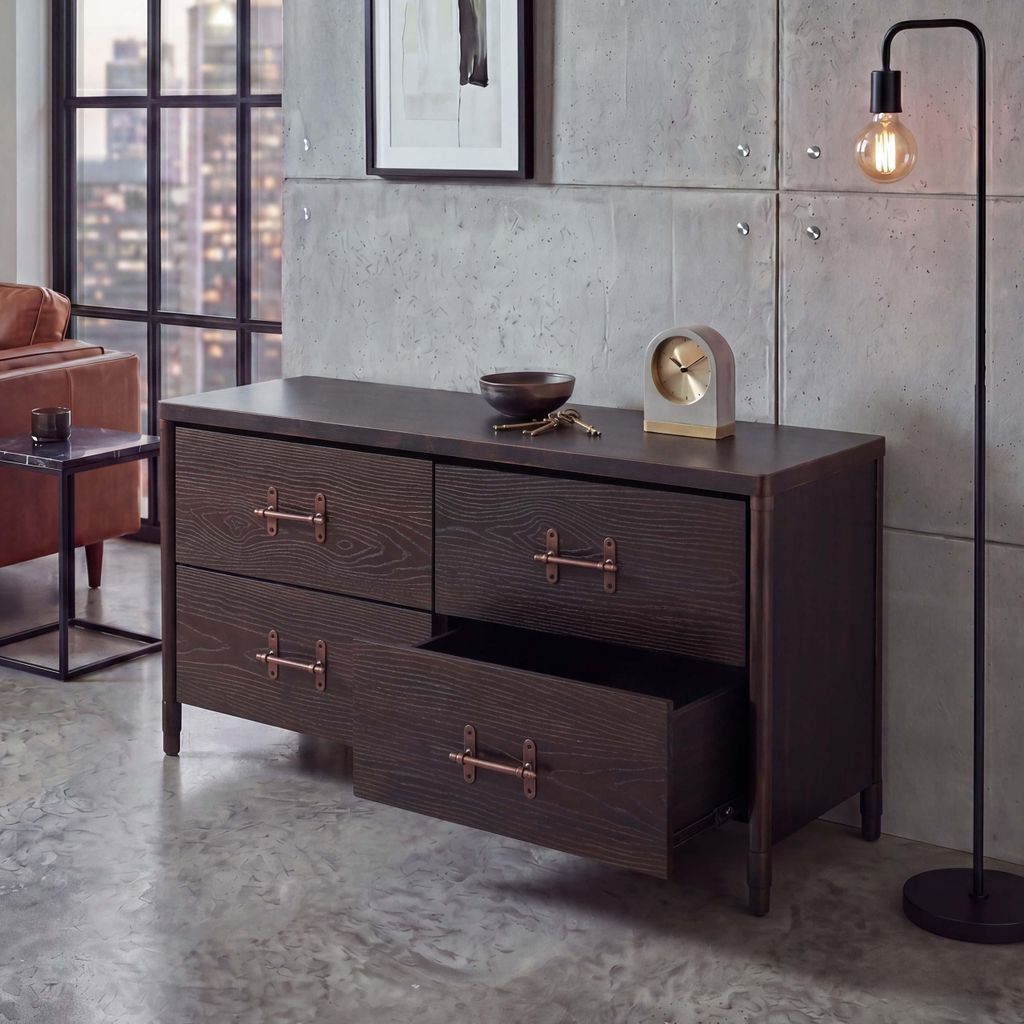 Kommode MCW-Q66, Sideboard Schrank Anrichte, Schubladen Industrial 60x120x40cm Holz schwarz, Metall kupferfarben