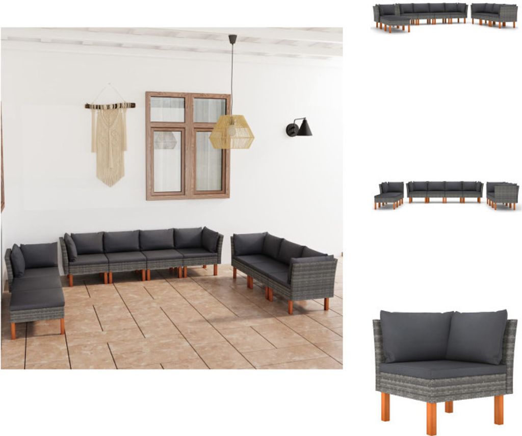 vidaXL 10-tlg. Garten-Lounge-Set mit Kissen Poly Rattan Grau - Gartenmöbel-Sets