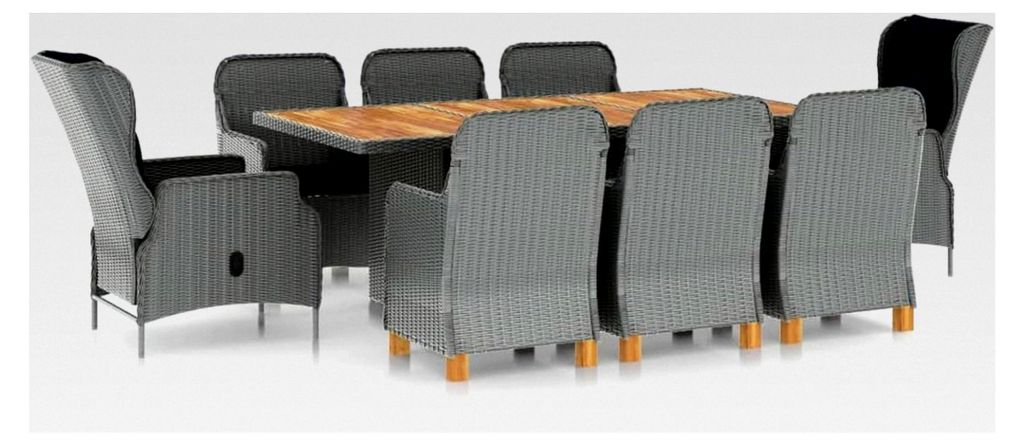 9-teiliges Garten-Essgruppen-Set mit Auflagen aus Poly Rattan in Hellgrau für Terrasse, Hotel und Loungebereich