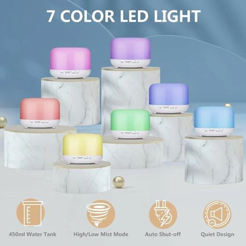 Diffuseur d'huiles essentielles et humidificateur LED 7 couleurs 450ml