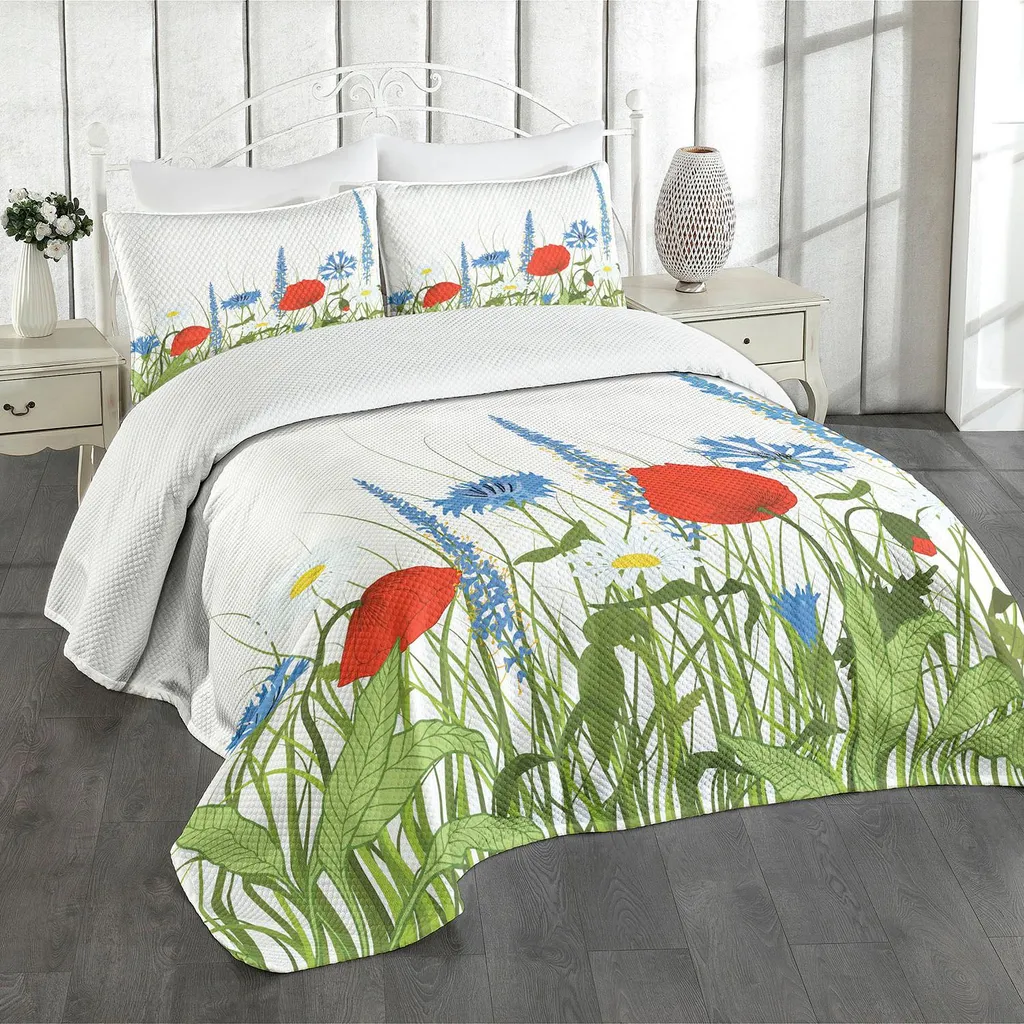 Set Copriletto ABAKUHAUS Verde e Blu 264x220 cm Papaveri Fiori