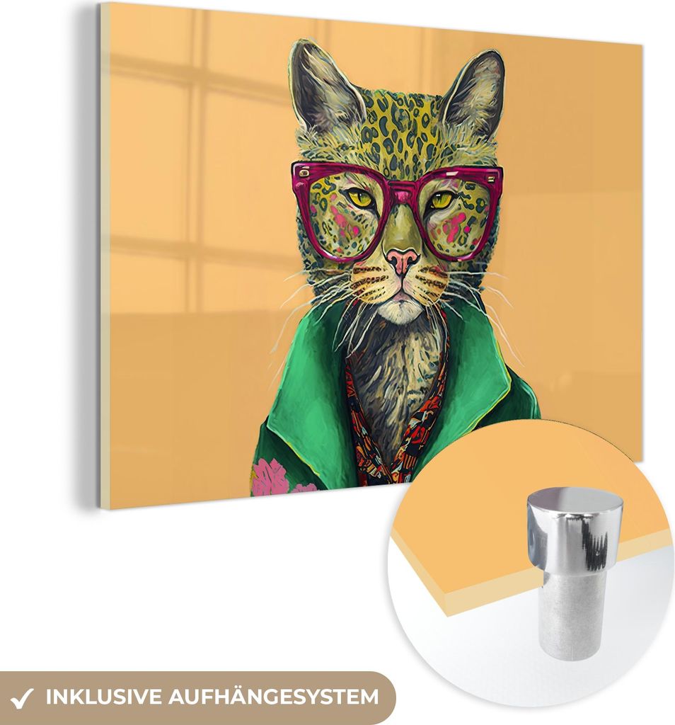 MuchoWow Glasbilder - Bilder auf Wandbild - Foto auf Glas Tiere - Katze - Brille - Blumen - Hippie 120x80 cm Wanddekoration aus Glas - Acrylglasbil...