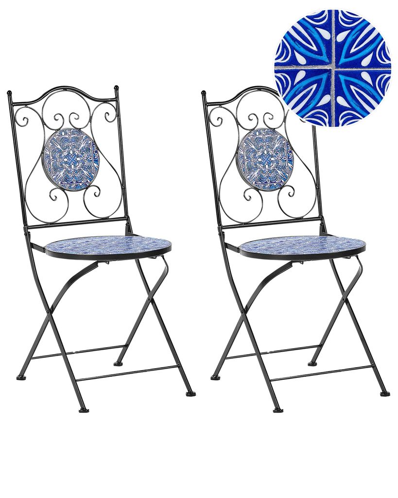 BELIANI Gartenstühle 2er Set Schwarz u. Blau aus Metall Mosaik Muster Zusammenklappbar Klappstühle Outdoor Terrassenmöbel Gartenmöbel Balkonmöbel