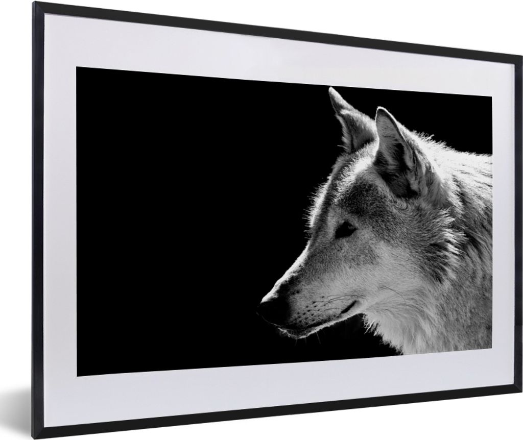 MuchoWow Gerahmtes Poster Wildlife - Wolf - Schwarz - Weiß 60x40 cm - Poster mit Schwarzem Bilderrahmen Wandposter Rahmen Foto Bilder - Schlafzi...