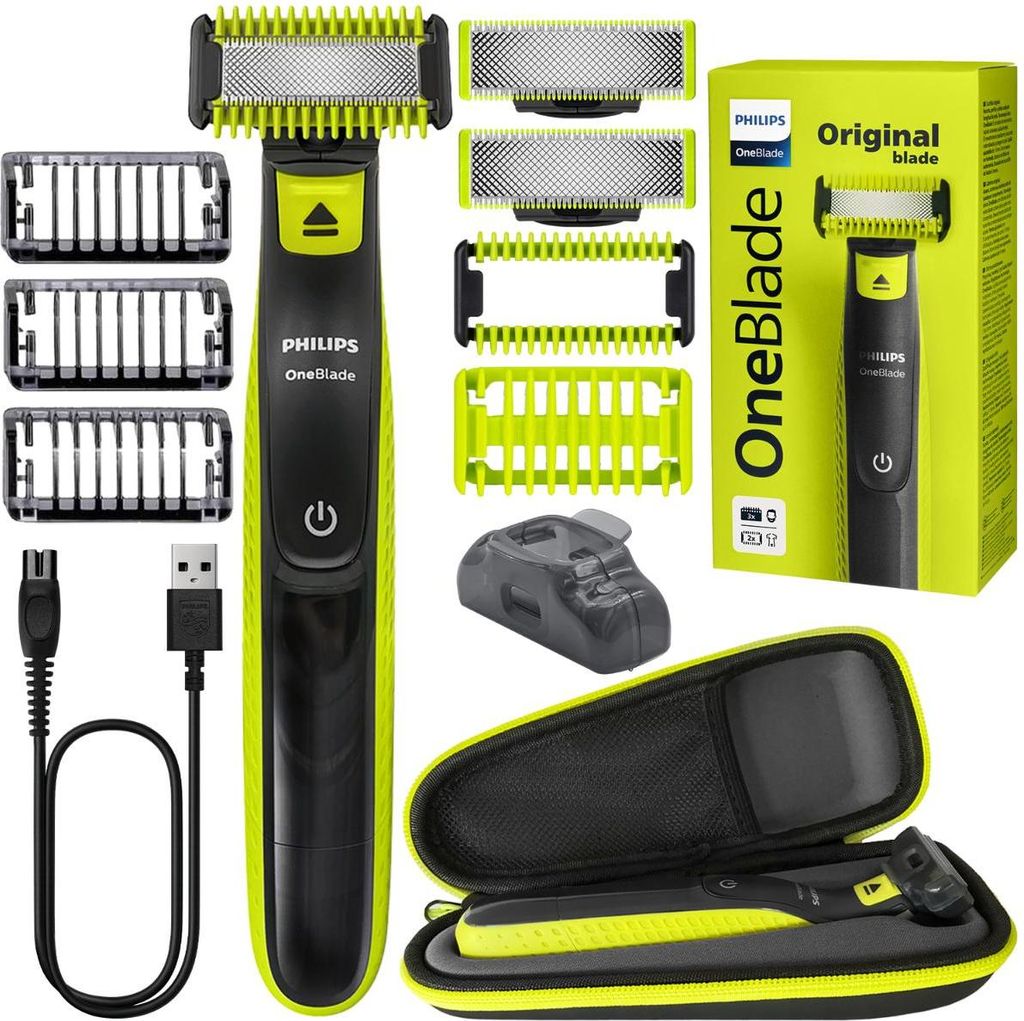 A collection of Philips Oneblade grooming products and accessories are displayed against a white background.