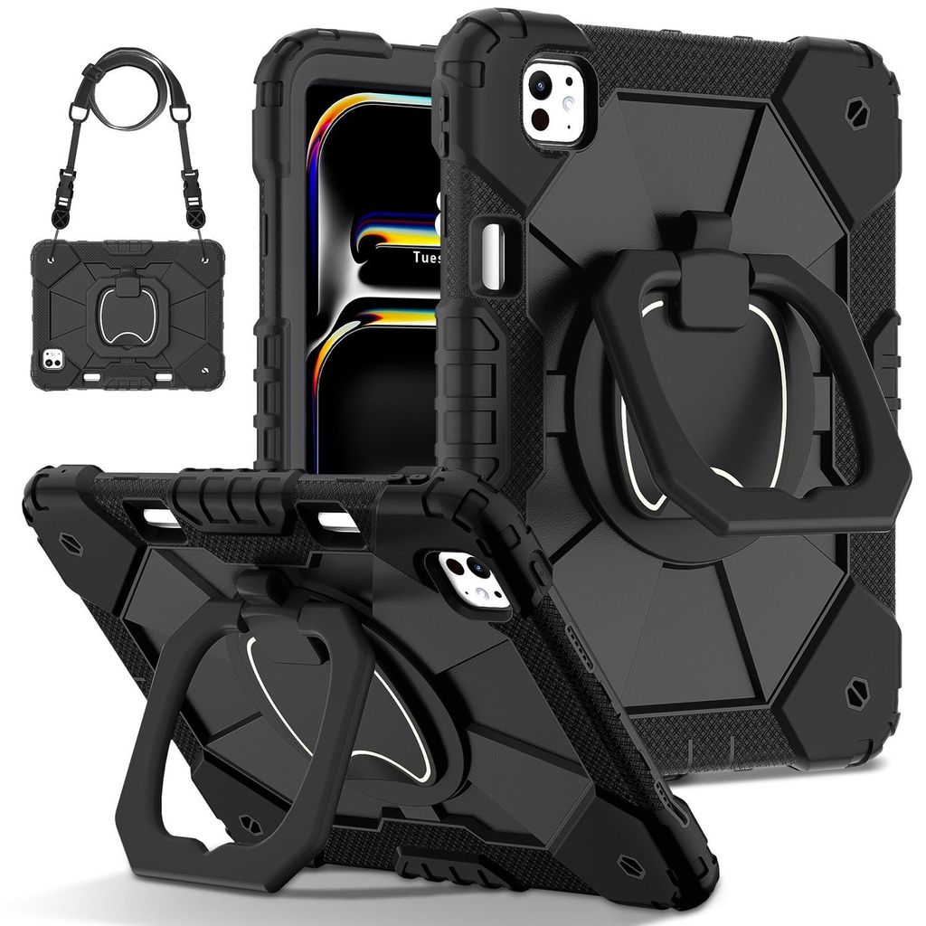 Für Apple iPad Pro 11 2024 Robot Design Robuste Hybrid 360 Grad Tasche Schwarz