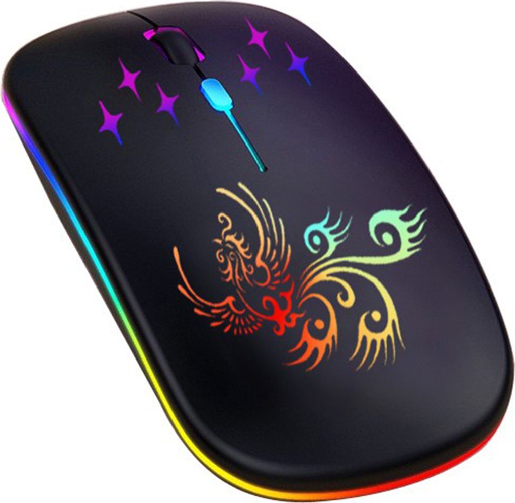 A black wireless mouse with a phoenix design and colorful LED lights.