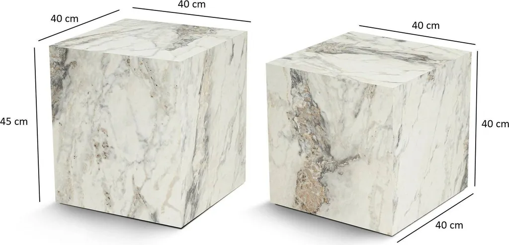Table basse blanche effet marbre de forme cubique signée Brennan