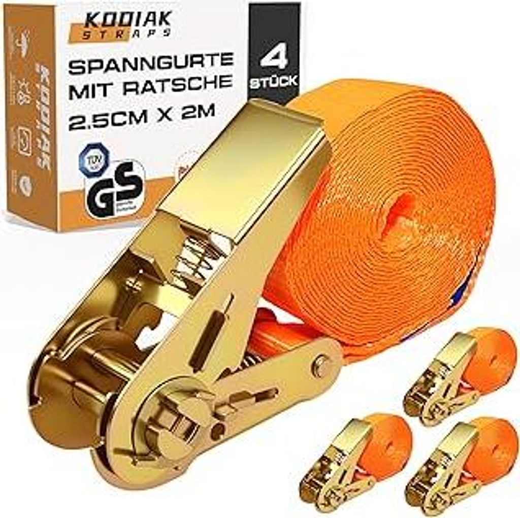 4 Stück Spanngurte 2m x 1000kg mit Ratschenschloss - 25mm Zurrgurte mit Ratsche - Orange Ratschengurt für Gepäck & Transport - nach DIN EN 1219...