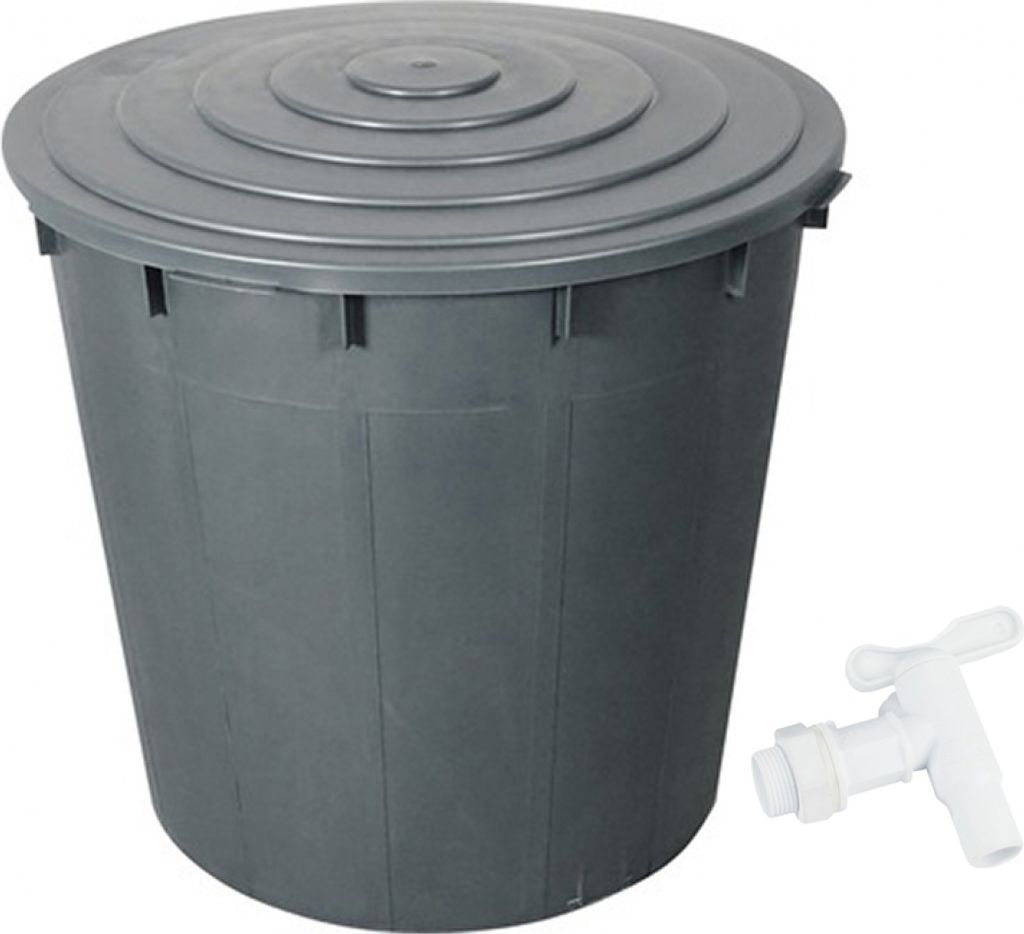 A dark gray plastic rain barrel with a lid and a white spigot next to it, on a white background.