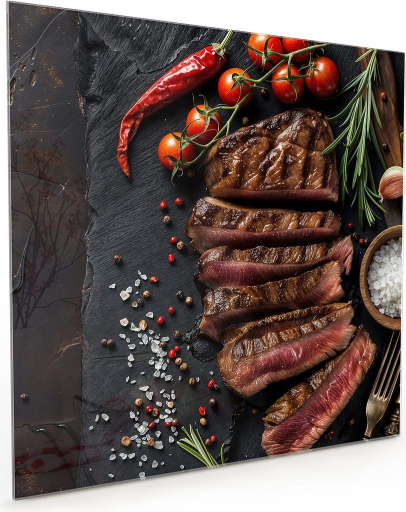 Küchenrückwand Spritzschutz Glas mit Motiv Gegrilltes Steak Teller 40 x 40 cm