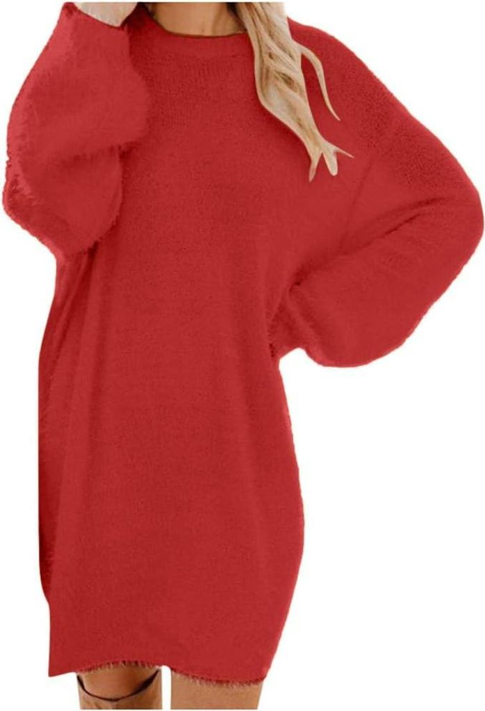 ASKSA Pulloverkleid Damen Oversized Strickkleid Winterkleid Damen Langarm Rundhals Pullover Herbstkleid Einfarbig Sweatkleid,Rot,L
