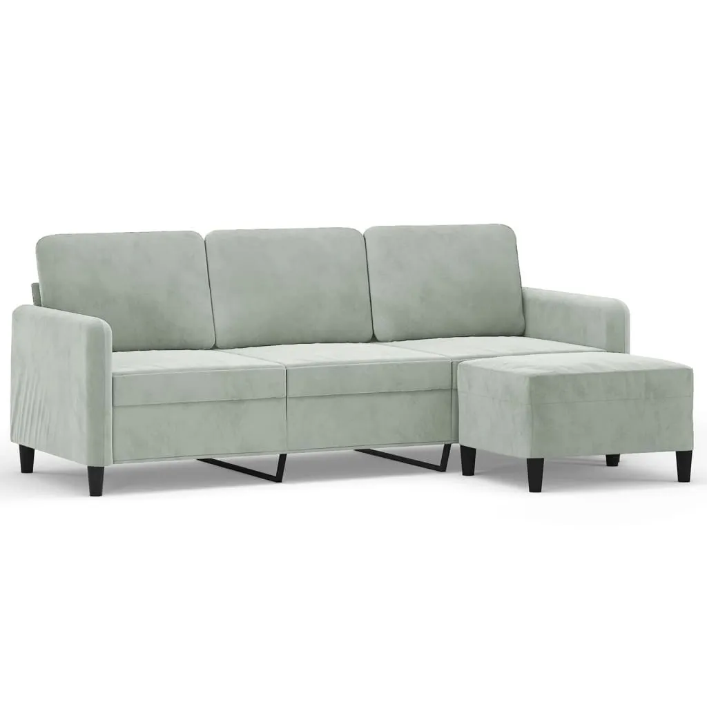 Canapé en velours gris clair 180 cm 3 places avec pouf grand confort