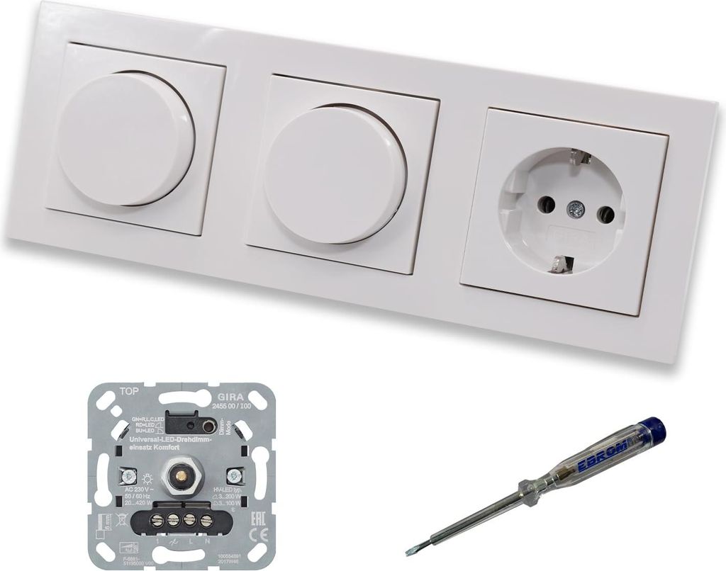 GIRA 245500 (2 x) LED Drehdimmer Dimmer + Dimmerscheiben Zentralscheiben 065003 und Steckdose mit Kinderschutz 445303 in Gira E2 reinweiß glänzen...