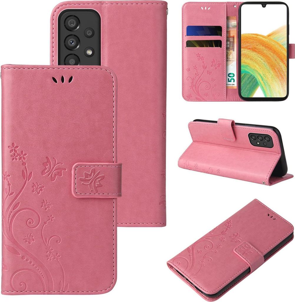 Handyhülle für Samsung Galaxy A33 5G Floral Blumen Schmetterling Flip Cover Hülle Case Klapphülle Handytasche Farbe: Rosegold
