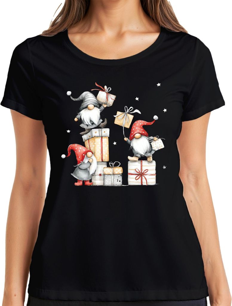 Weihnachtswichtel Geschenke Stapel Weihnachten Skandinavisch Damen T-Shirt, Schwarz, M