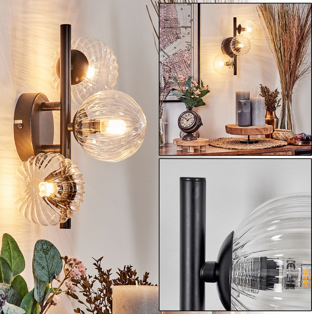 Isorella Wandlampe aus Metall/Riffelglas in Schwarz/Klar