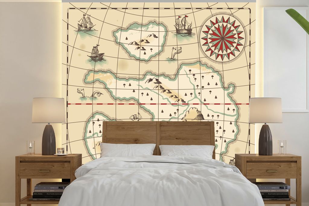 MuchoWow Fototapete für Wohnzimmer oder Schlafzimmer Wandtapete Vinyl Motivtapete Illustration einer Schatzkarte für Kinder mit Fantasie-Meeres...