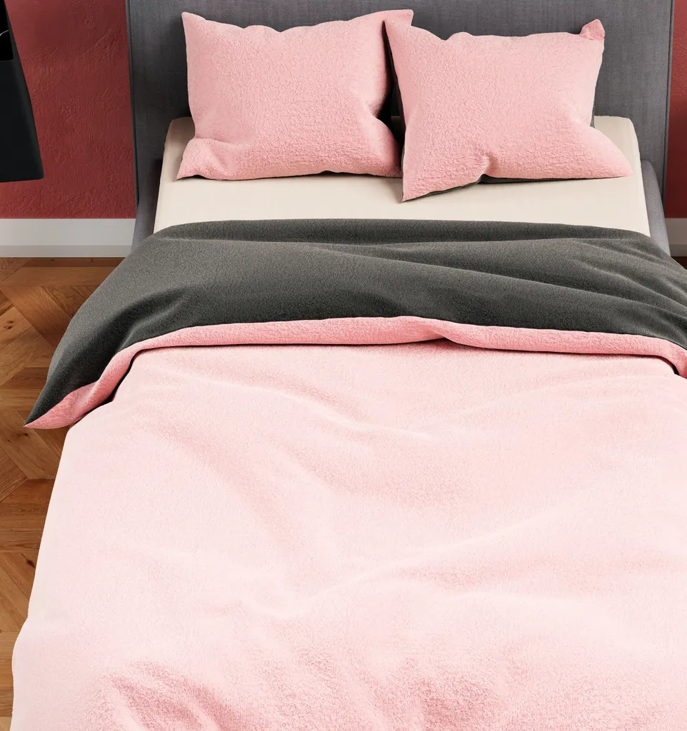 Set Letto Peluche 200x220 Termico Invernale Rosa Antracite Zip