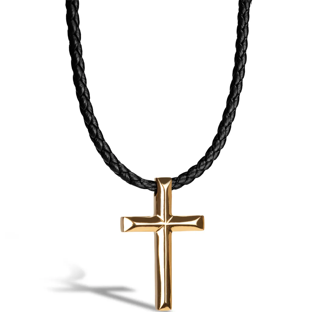 SERASAR | Collana da uomo in vera pelle [Croce] con acciaio inossidabile dorato | Colore: Oro | Lunghezza: 60cm