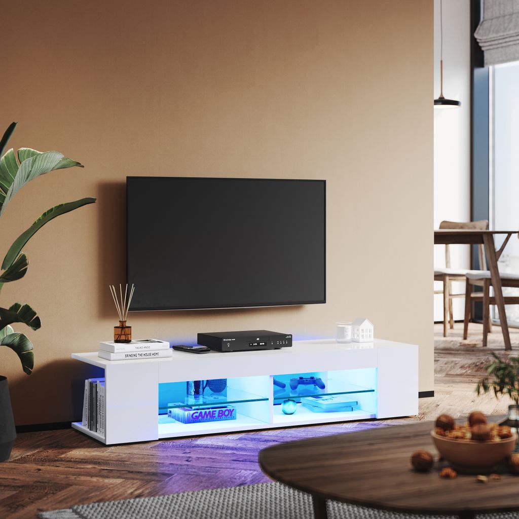 SONNI TV-Schrank Weiß Hochglanz 135 x 39 x 30cm Ausgestattet mit RGB-Lichtleiste und Aufbewahrungsschrank