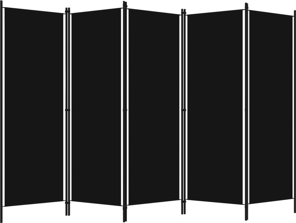 A black room divider consisting of five panels, hinged together.