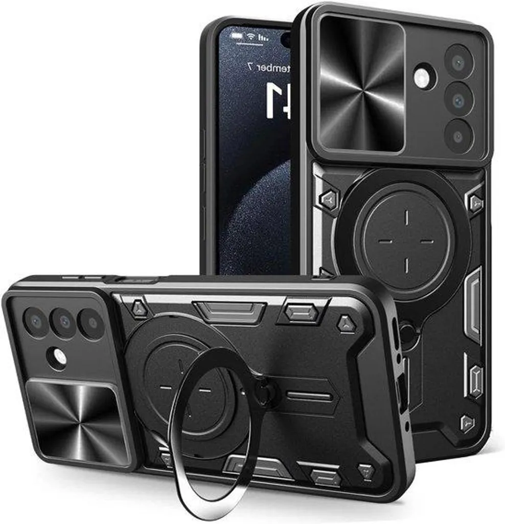 Coque de smartphone renforcée noire avec support anneau et protection