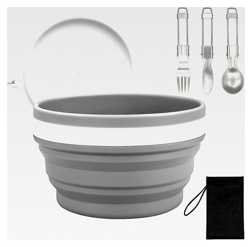 Faltbares Camping Geschirr Set 4-teilig - Große 950ml Faltschüssel mit PP-Deckel & Edelstahl Besteck Set - Platzsparendes & spülmaschinenfestes ...