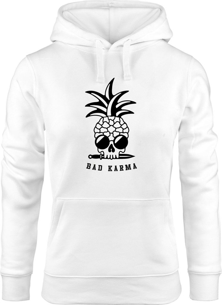Hoodie Damen Totenkopf Ananas Schriftzug Bad Karma Kapuzen-Pullover Neverless weiß XL