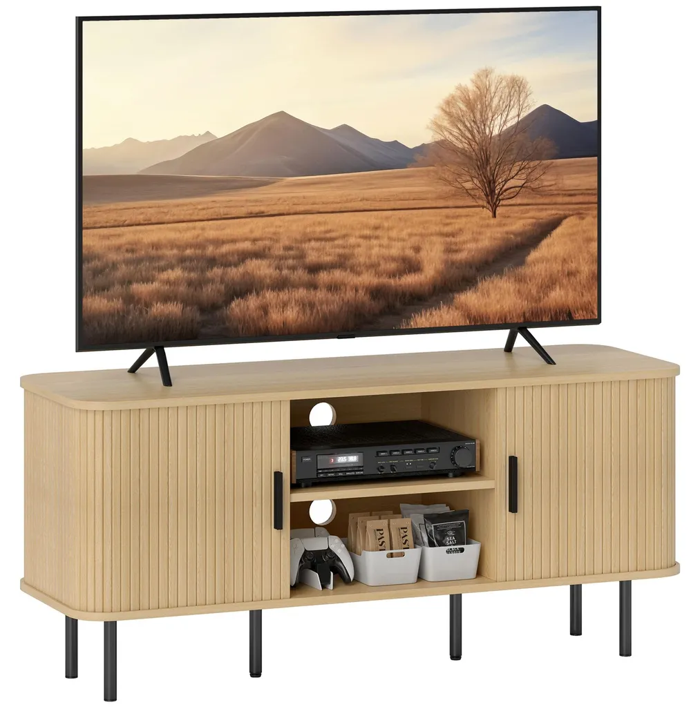 Meuble TV 120cm chêne avec portes coulissantes à lamelles style nordique