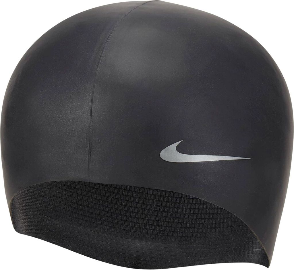 A black Nike swim cap is shown against a white background.