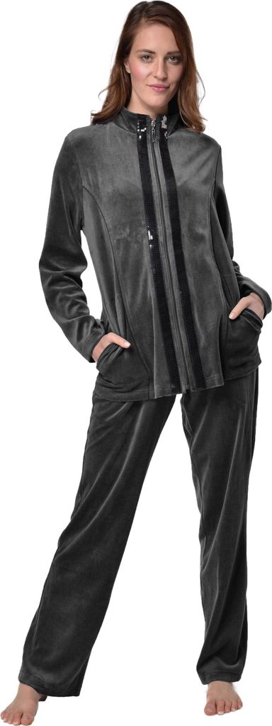 DeSen Samtweicher Nicki-Hausanzug (Kapuzenjacke mit Rei?verschluss, Hose, 2-tlg), Damen, grau melange, 36/38