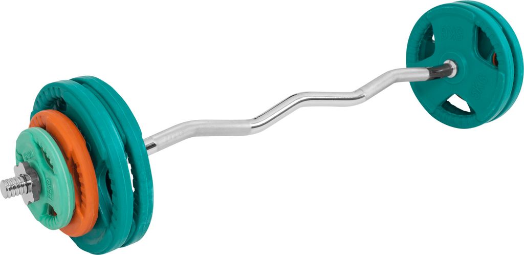GORILLA SPORTS Langhantel Set 35kg - SZ Curlstange 120cm, Gewichte 2x1,25kg / 2x2,5kg / 4x5kg, 30mm, 2x Sternverschlüsse, Gusseisen, Gummi Gripp...