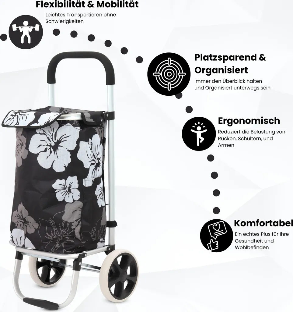Caddie de courses noir à motif fleurs élégant avec sac imperméable 40L - 2