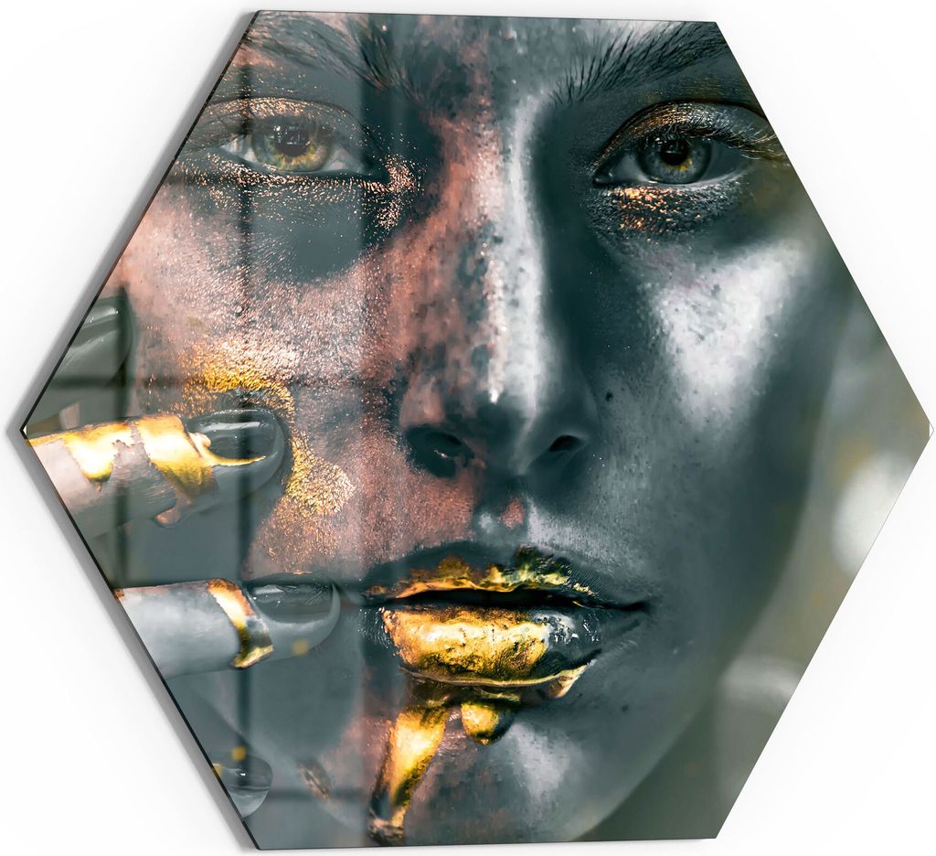 DEQORI Glasbild Echtglas 40x35 cm 'Frau mit Gold im Gesicht' Wandbild Bild modern Deko